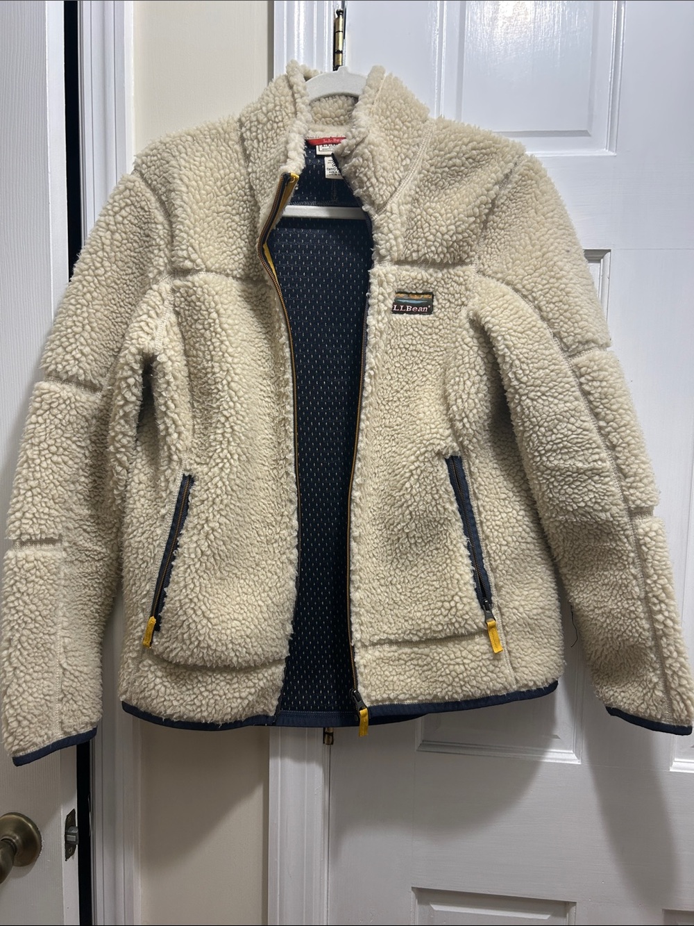 L.L. Bean Kids Cream Sherpa Puffer Jacket with Navy Trim